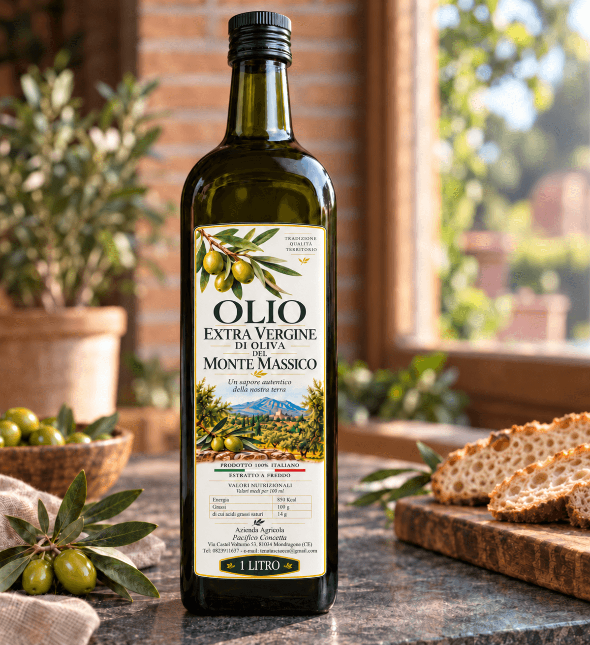 Bottiglia da un litro di olio extravergine di oliva del Monte Massico
